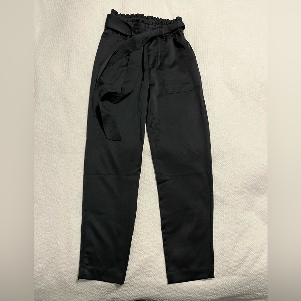 Black Satin Belted Taper Pants